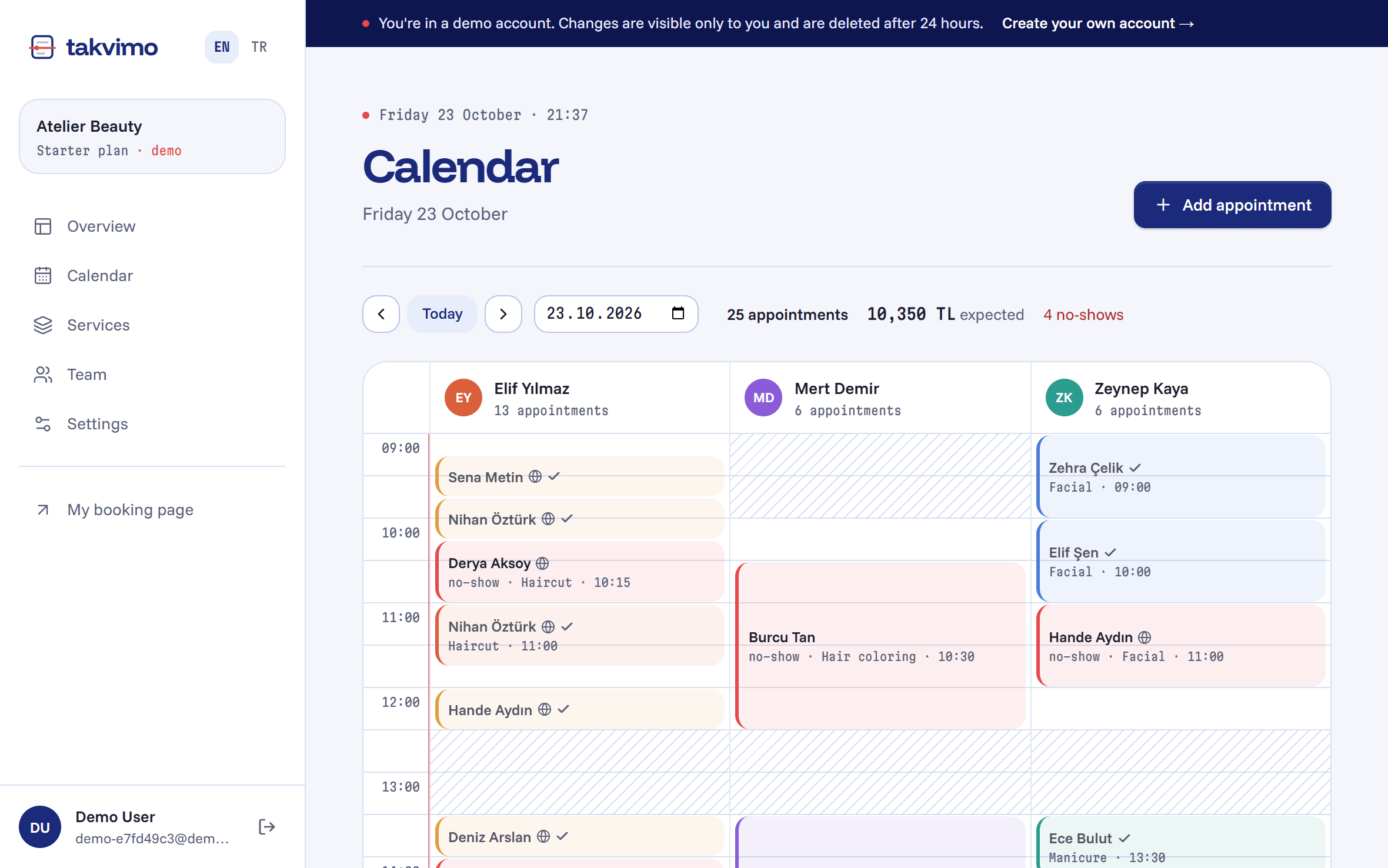 Takvimo calendar showing a salon's appointments for each specialist