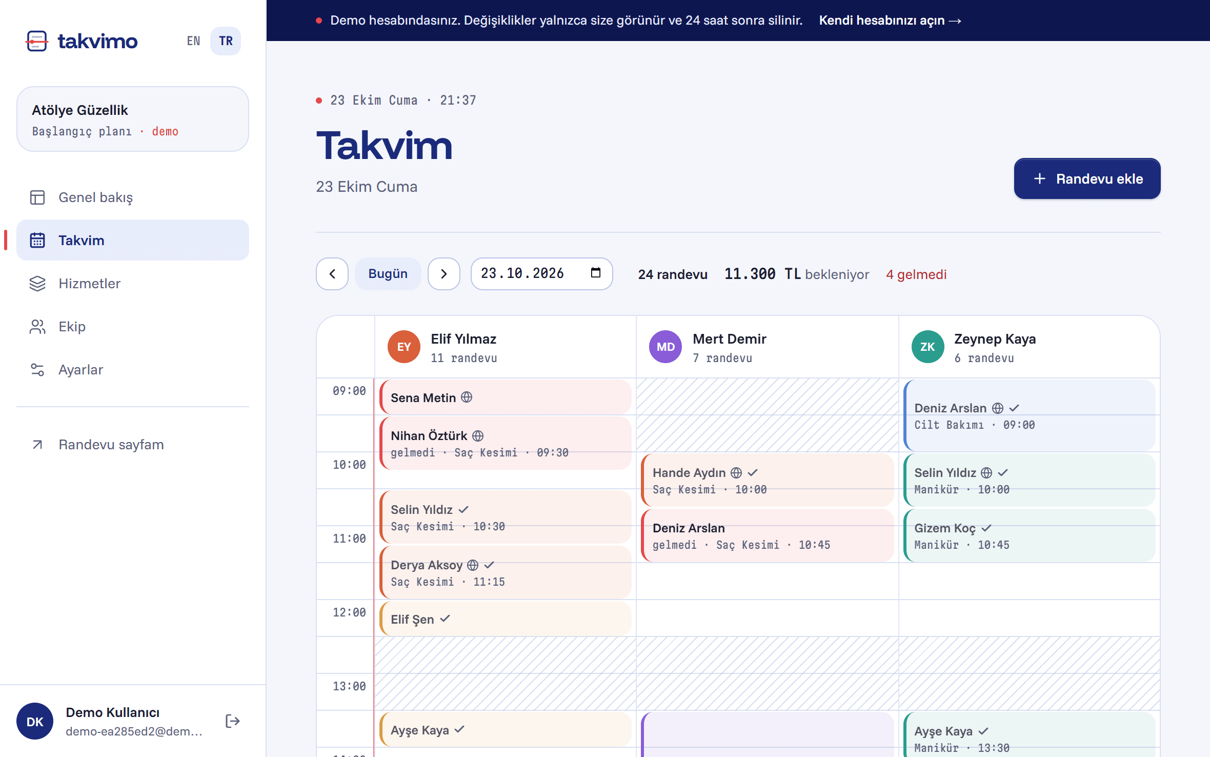 Bir salonun uzman bazında randevularını gösteren Takvimo takvimi